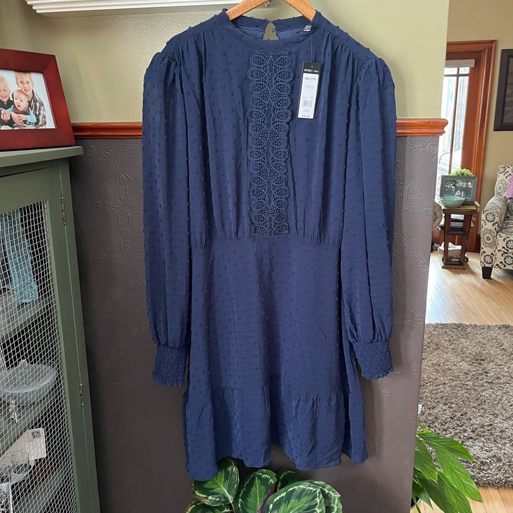 🆕 BCBG Paris Navy/Blue Boho Dress, Size XXL, sheer sleeves & pretty detailing